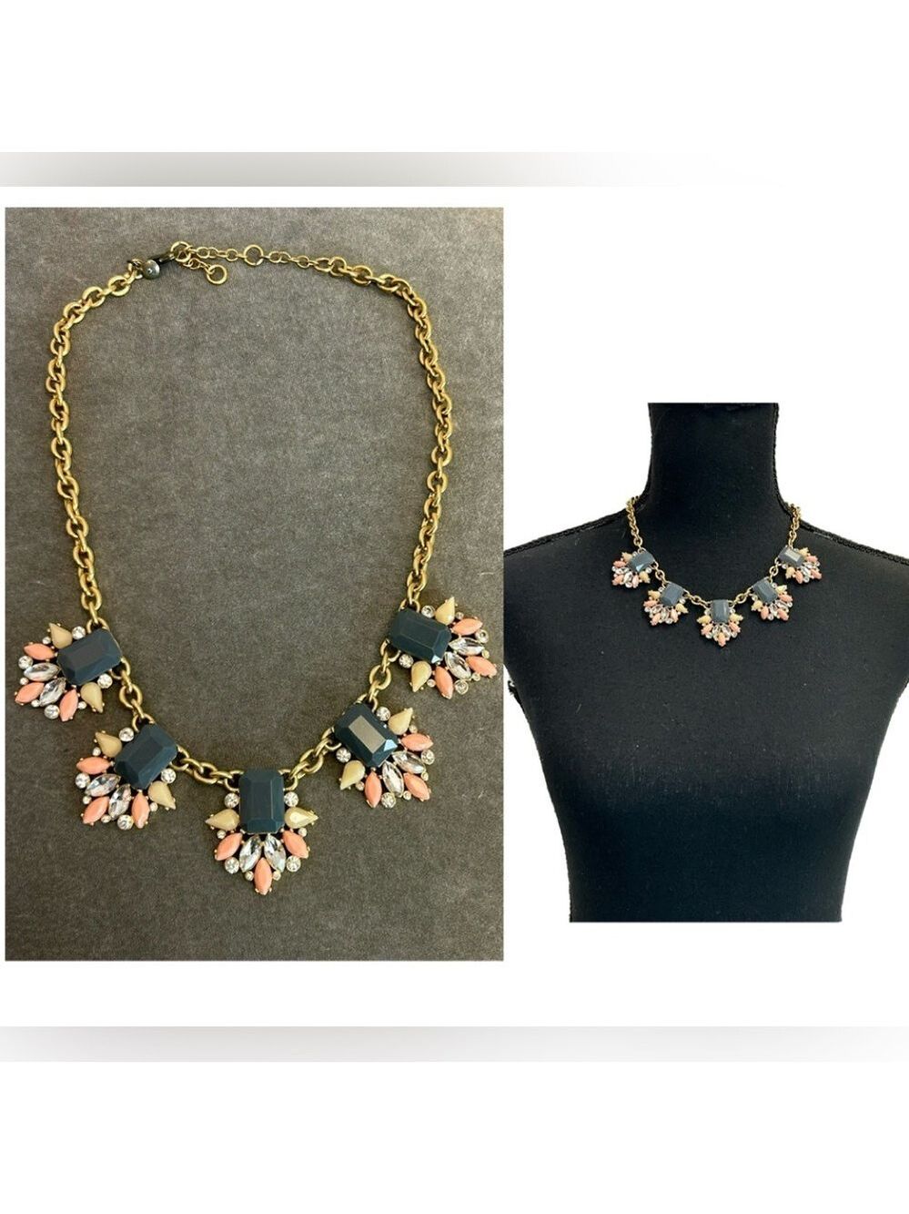 J. Crew peach pink gray clear rhinestone gem jeweled chunky statement necklace